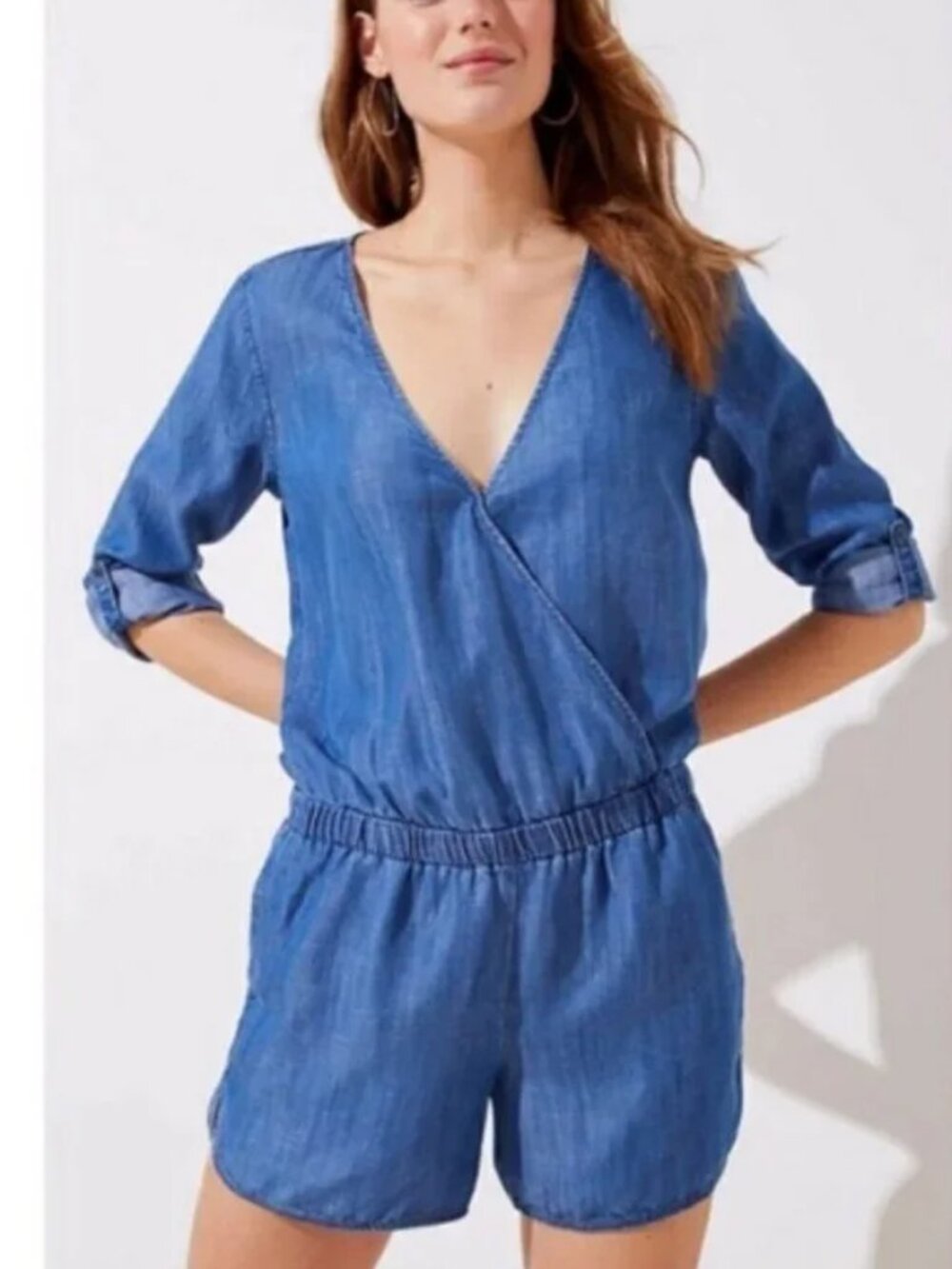LOFT Blue Denim Chambray Shorts Long Sleeve Romper